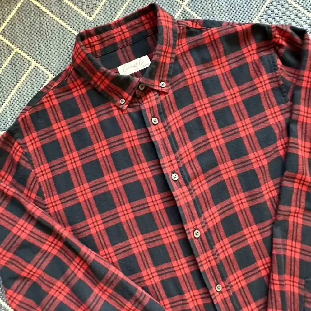 Cotton & Co Red Black Plaid Flannel Button Down Shirt Grunge Goth Classic L